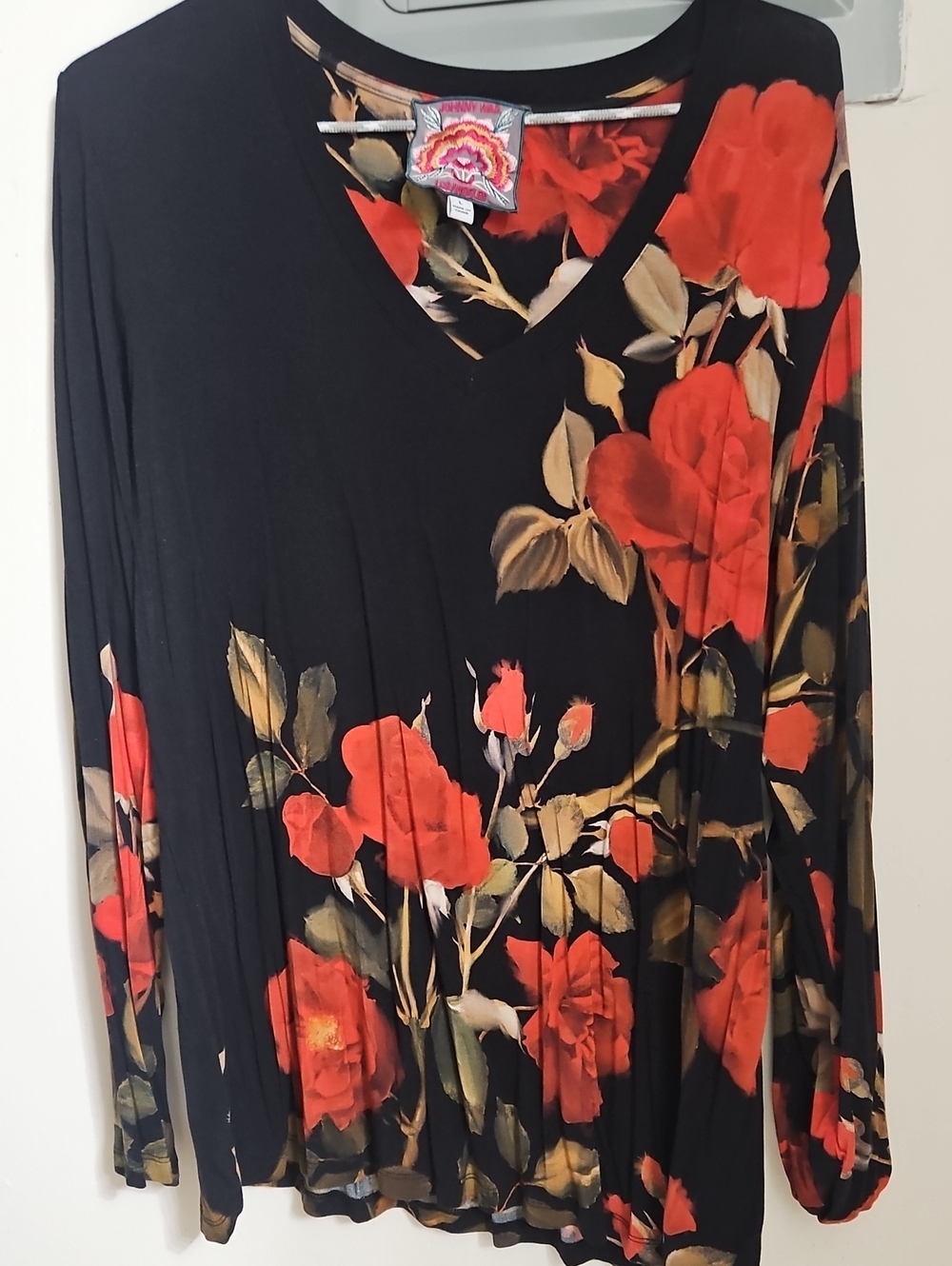 Johnny Was Black Long Sleeve V-Neck Top with Red Floral Print